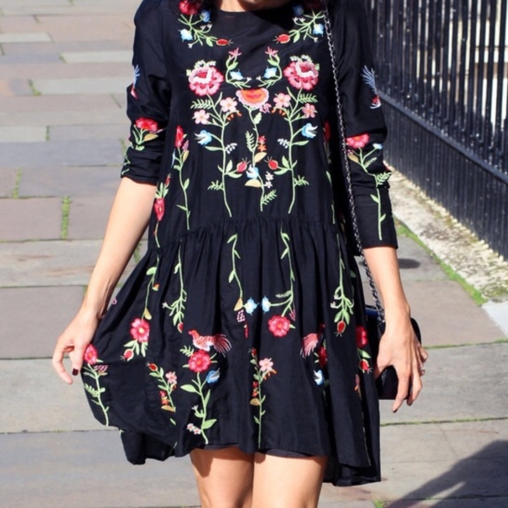 Zara Floral Embroidered Black Swing Dress